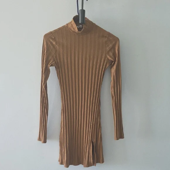 Reformation Tan Ribbed Long Sleeve Dress